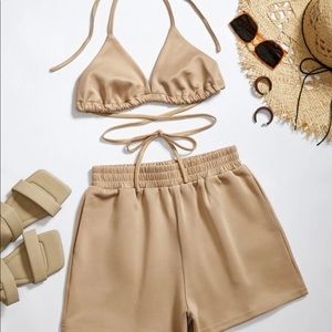 Tie Backless Crop Halter Top With Shorts